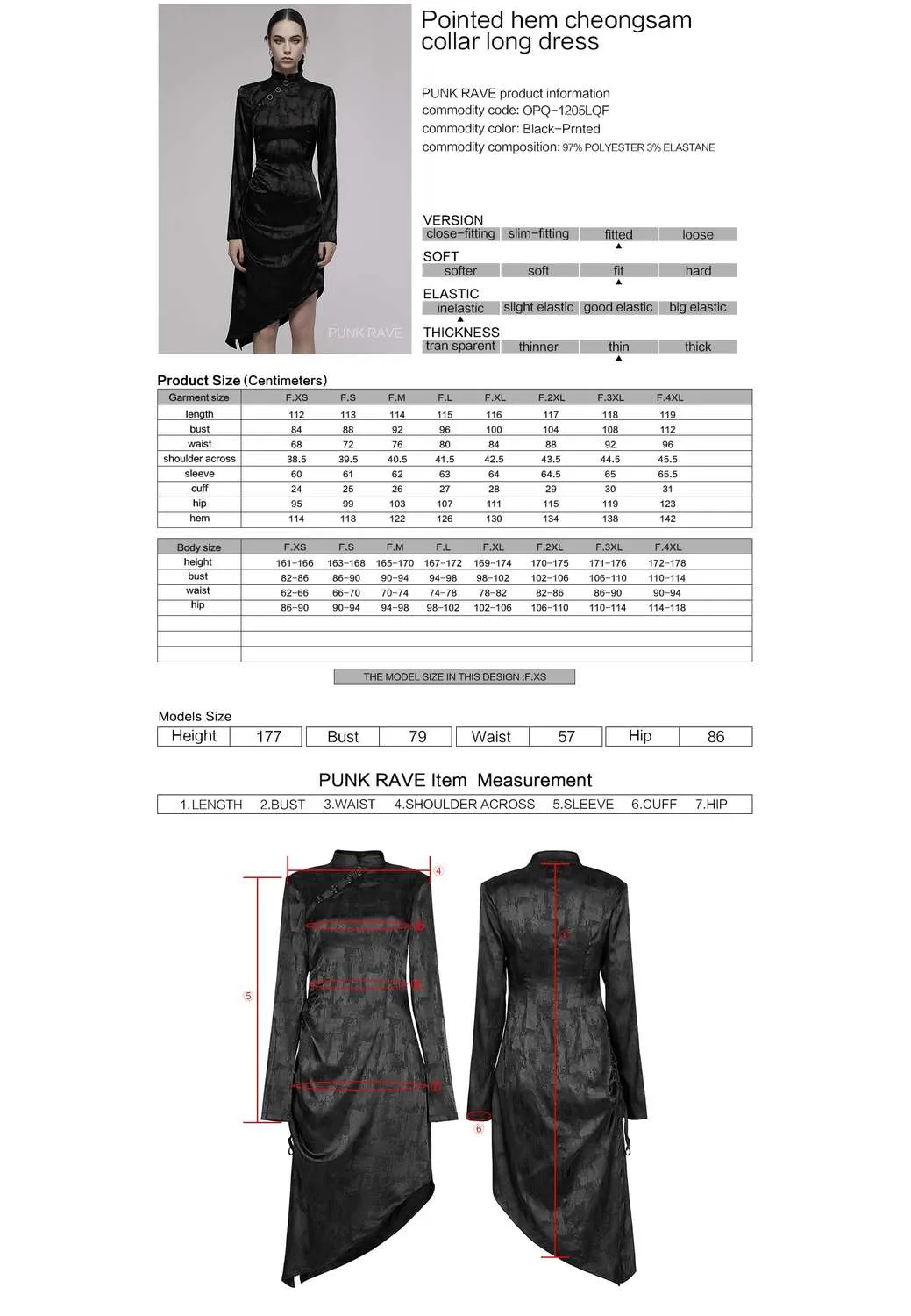 Punk Rave - Pointed Hem Cheongsam Collar Dress OPQ-1205LQF | Dark Ages